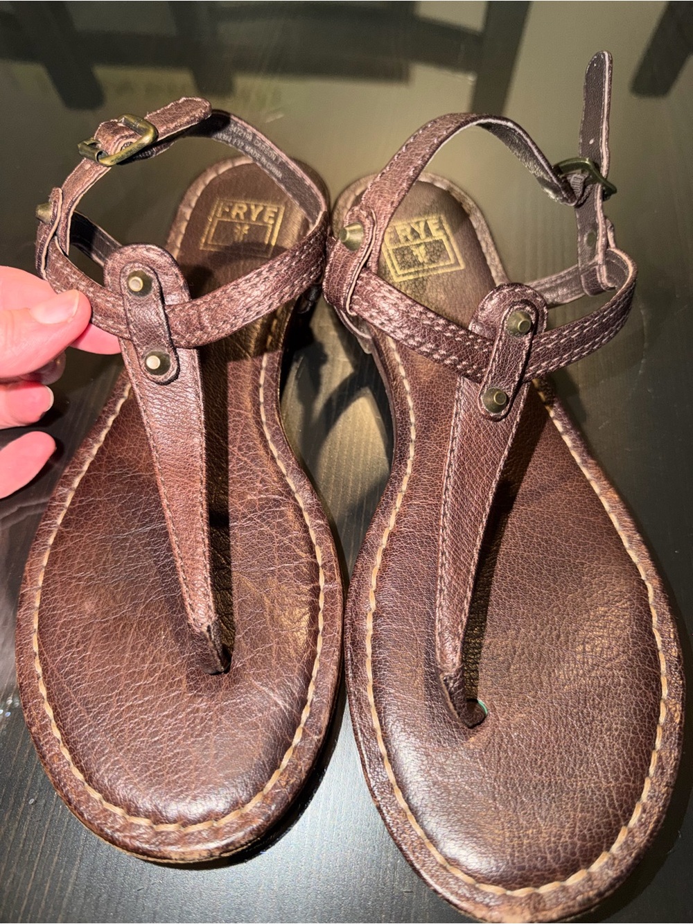 Frye Dark Brown Leather T-Strap Sandals